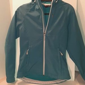 Teal softshell jacket.  Hooded, water repellant, wind resistant. Womens small.